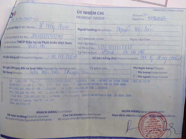 Một uỷ nhiệm chi tiền tỷ được gửi tới cán bộ Tổng cục Biển và Hải đảo Việt Nam (Ảnh: BVPL).