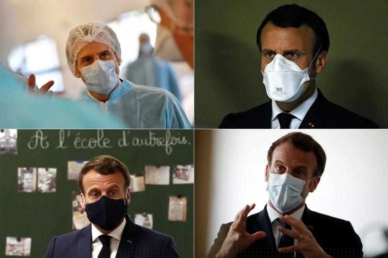 (Theo chiều kim đồng hồ từ trên cùng bên trái) Tổng thống Pháp Emmanuel Macron đeo một loạt khẩu trang khi ông đến thăm một nhà máy sản xuất khẩu trang,  bệnh viện, nói chuyện với nhân viên y tế, nói chuyện với học sinh trong chuyến thăm một trường trung học cơ sở. Ảnh: AFP.