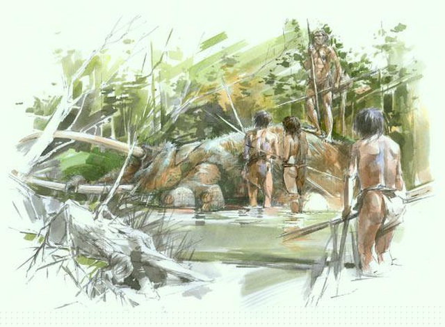 Minh họa khi con người phát hiện ra xác của con voi ngà thẳng ở bờ hồ Schoningen