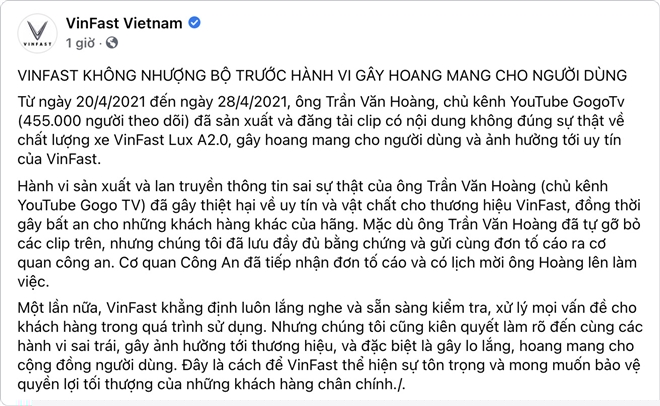Phản hồi của VinFast về clip của ông Trần Văn Hoàng.
