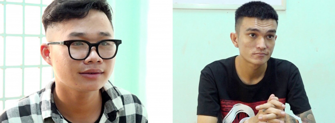 Đối tượng Nguyễn Tuấn Thanh (áo đen) và Trần Hải Nam (áo sọc) tại cơ quan điều tra.