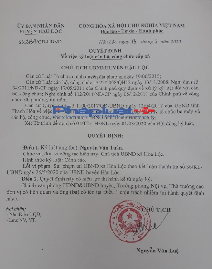 Quyết định số 2734/QĐ-UBND về việc kỷ luật cán bộ, công chức cấp xã.