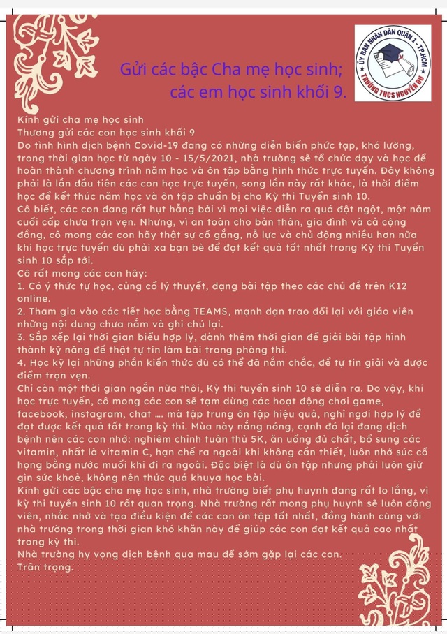 Hiệu trưởng Trường THCS Nguyễn Du, Q.1. TPHCM viết thư nhắn nhủ học tr&ograve; lớp 9 ngừng c&aacute;c hoạt động chơi game, facebook để tập trung cho việc học 