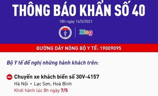Bộ Y tế ra Thông báo khẩn tìm người trên chuyến xe khách 30V-4157 đi tuyến Hà Nội- Lạc Sơn