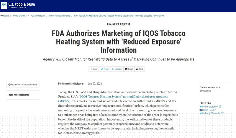 FDA công bố một sản phẩm thuốc lá làm nóng được kinh doanh tại Mỹ như là sản phẩm thuốc lá điều chỉnh nguy cơ. 