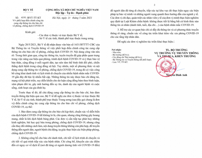 Công văn 4191/BYT-TT-KT của Bộ Y tế.