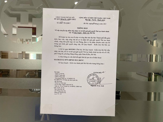 Thông báo của Sở Quy hoạch - Kiến trúc Hà Nội về việc rời về trụ sở cũ.