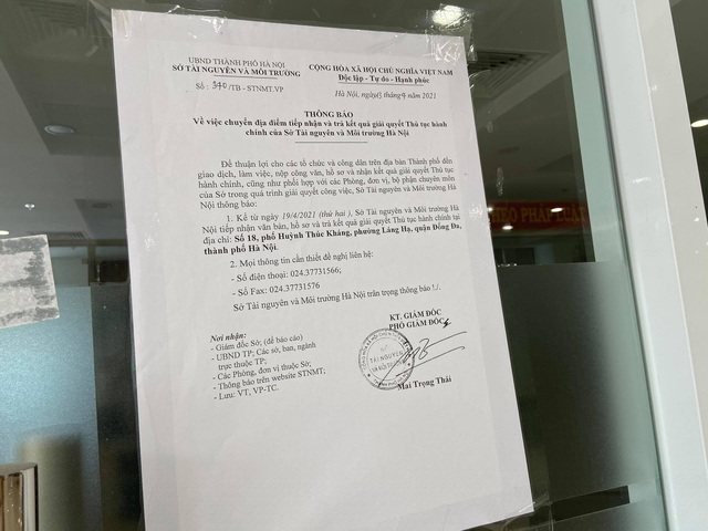 Thông báo của Sở Tài nguyên và Môi trường Hà Nội về việc tiếp nhận văn bản, hồ sơ, trả kết quả tại trụ sở cũ ở Huỳnh Thúc Kháng.