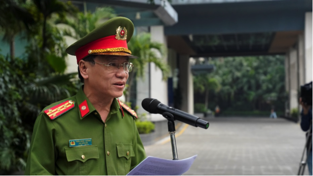 Đại tá Trần Ngọc Dương - Phó Giám đốc Công an thành phố Hà Nội phát biểu tại buổi diễn tập.