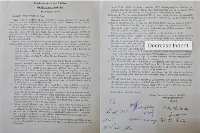Đơn của người dân xã Hoàng Tân, thị xã Quảng Yên gửi Báo PLVN