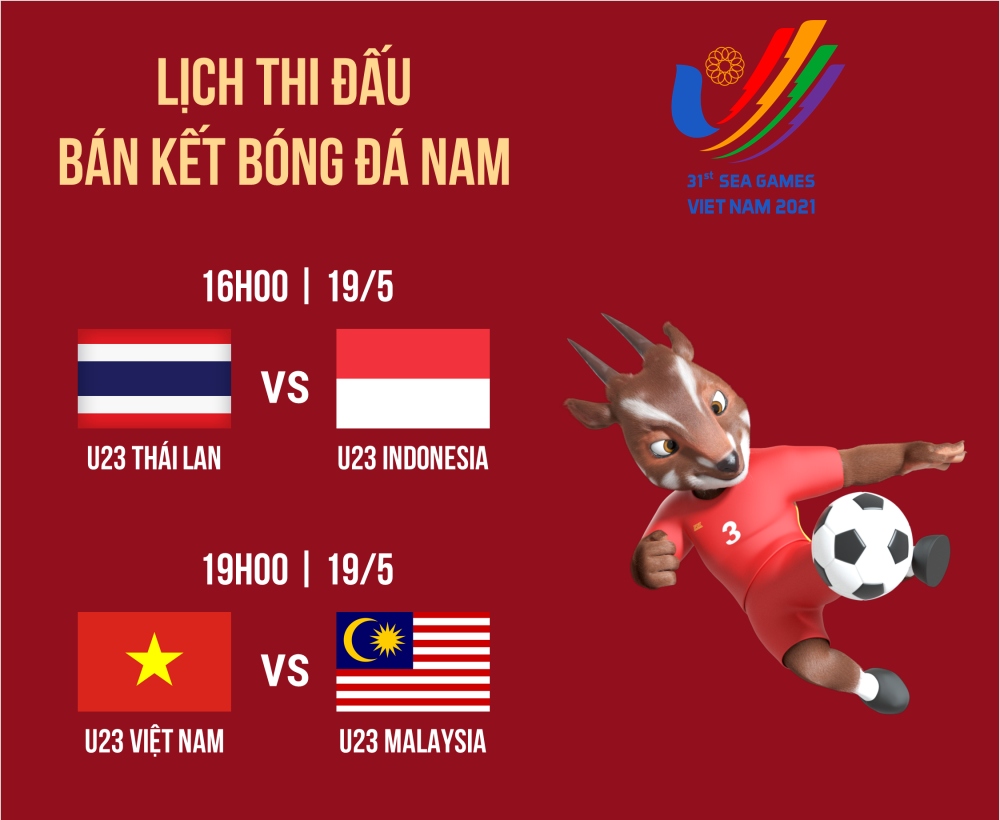 Lịch thi đấu 2 trận bán kết bóng đá nam SEA Games 31.