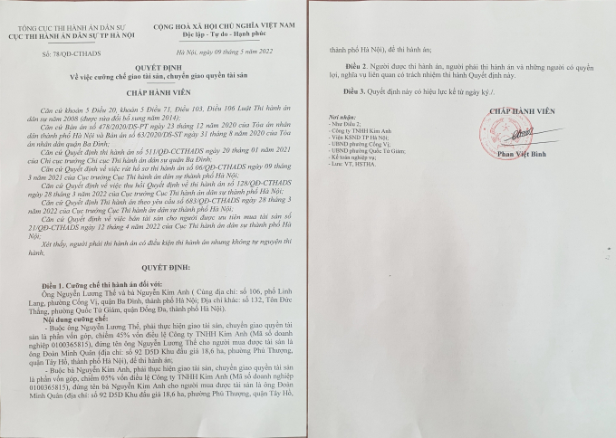 Quyết định cưỡng chế, chuyển giao quyền tài sản toàn bộ tài sản đối với vợ chồng ông Nguyễn Lương Thế.