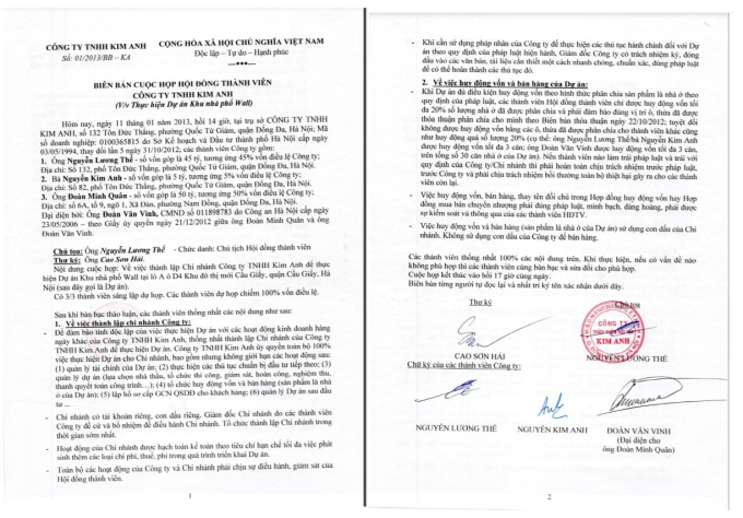Biên bản họp Hội đồng thành viên của Công ty Kim Anh trước đó khẳng định ông Đoàn Minh Quân là thành viên có 50% vốn điều lệ