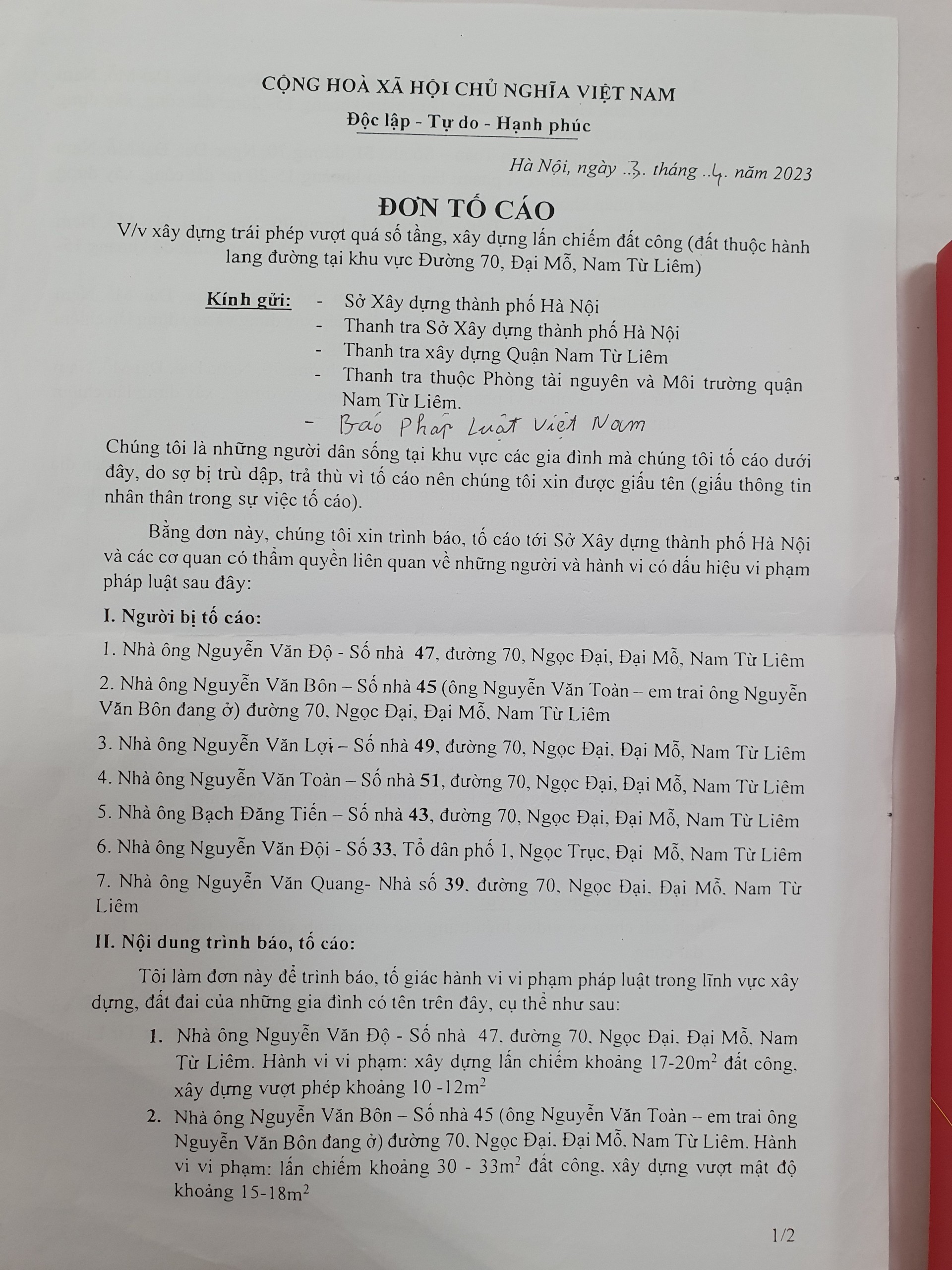 Đơn tố cáo hành vi lấn chiếm đất công, xây dựng sai phép của người dân gửi các các cơ quan chức năng và báo Pháp luật Việt Nam.