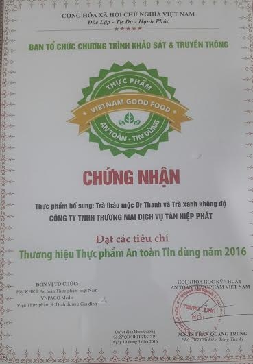 Chứng nhận nh&atilde;n h&agrave;ng Dr.Thanh v&agrave; nh&atilde;n h&agrave;ng Tr&agrave; xanh Kh&ocirc;ng độ đạt ti&ecirc;u ch&iacute; Thương hiệu thực phẩm an to&agrave;n tin d&ugrave;ng 2016.