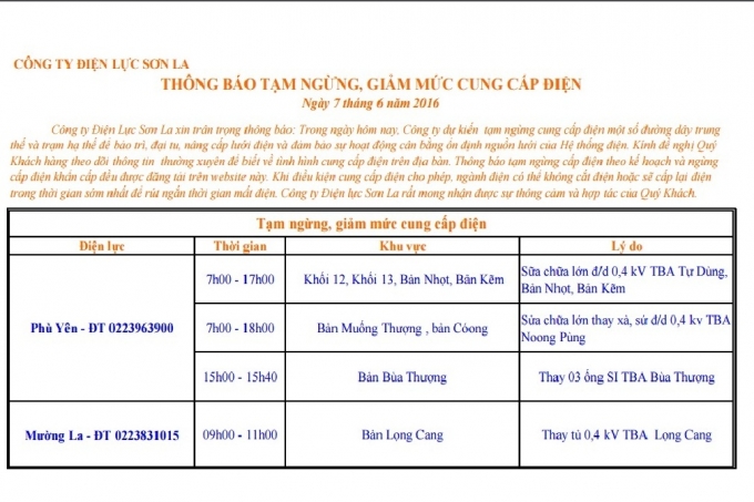 Lịch cắt điện cả nước ng&agrave;y 07/6/2016