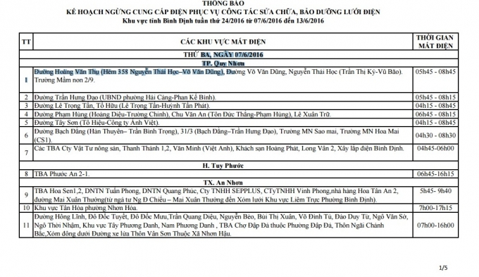 Lịch cắt điện cả nước ng&agrave;y 07/6/2016