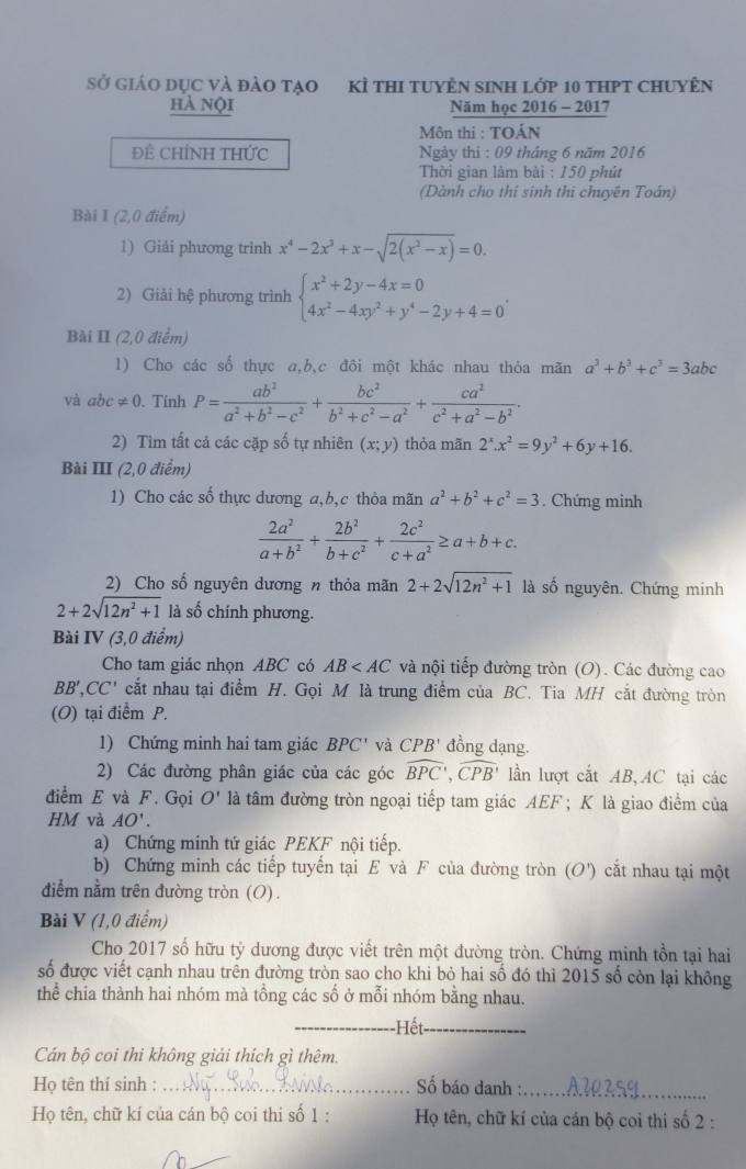 Đề thi chuy&ecirc;n To&aacute;n được cho l&agrave; kh&oacute;.&nbsp;