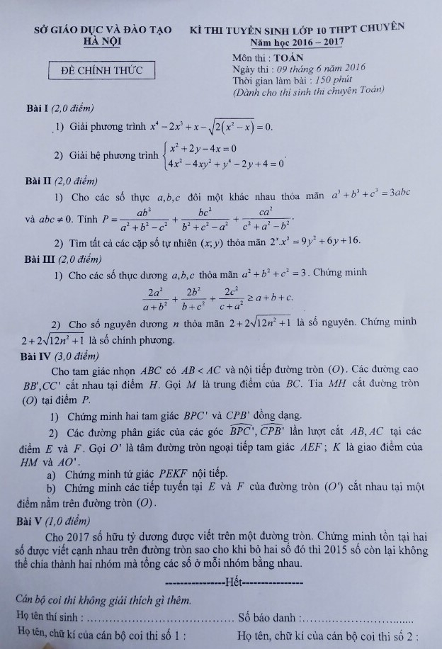 Đề thi m&ocirc;n chuy&ecirc;n To&aacute;n của&nbsp;&nbsp;Sở GD&amp;amp;amp;ĐT H&agrave; Nội.
