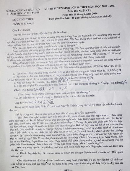 Đề thi m&ocirc;n Ngữ văn v&agrave;o lớp 10 tại TP HCM. (Ảnh: Lao động)