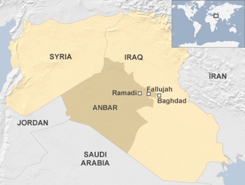 Vị tr&iacute; th&agrave;nh phố Fallujah, Iraq. (Đồ họa: BBC)