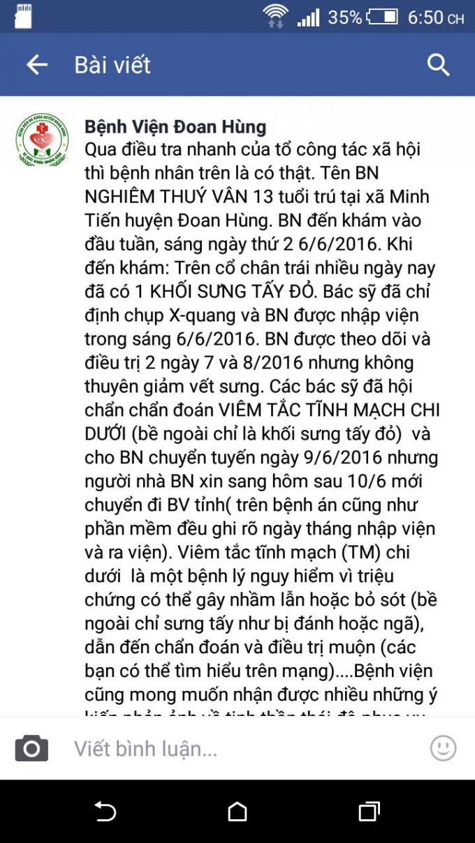 Facbook được cho l&agrave; của BV đa khoa Đoan H&ugrave;ng l&ecirc;n tiếng về vụ việc. (nguồn FB)
