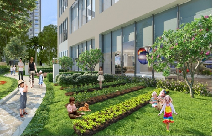 Khu s&acirc;n vườn rộng tho&aacute;ng, xanh mướt bao quanh t&ograve;a Sapphire 4