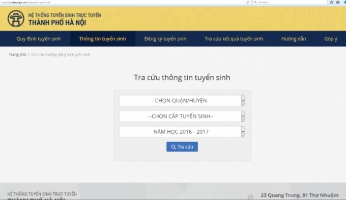 Phần mềm tuyển sinh đầu cấp của Sở GD-ĐT H&agrave; Nội. (Ảnh: Giao th&ocirc;ng)