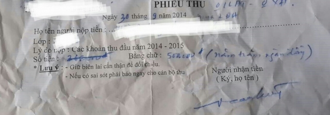 Cũng may một học sinh c&ograve;n giữ lại một phiếu thu chứ kh&ocirc;ng th&ocirc;i đ&atilde; phải th&ecirc;m