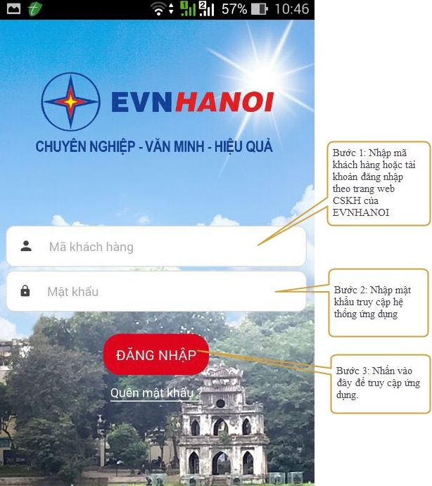 Ứng dụng&nbsp;&ldquo;EVNHANOI CSKH&rdquo; d&agrave;nh cho smartphone.