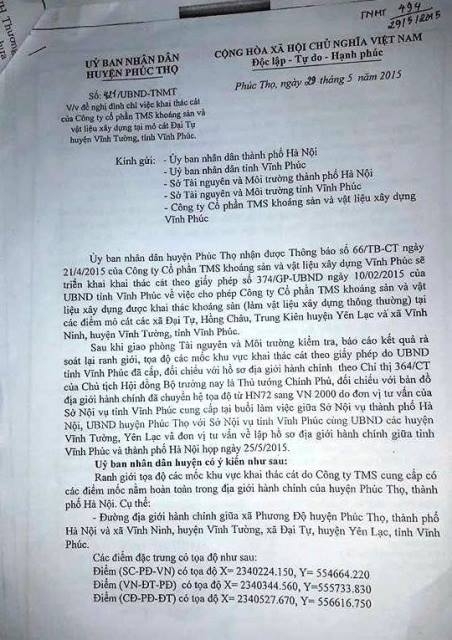 UBND huyện Ph&uacute;c Thọ đ&atilde; gửi văn bản đề nghị&nbsp;C&ocirc;ng ty TMS ngừng ngay việc khai th&aacute;c c&aacute;t tại khu I v&agrave; khu IV.
