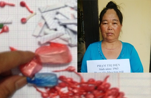 Đối tượng Phạm Thị Diện bị bắt quả tang c&ugrave;ng tang vật ma t&uacute;y. (Ảnh: C&ocirc;ng an Thanh H&oacute;a cung cấp)