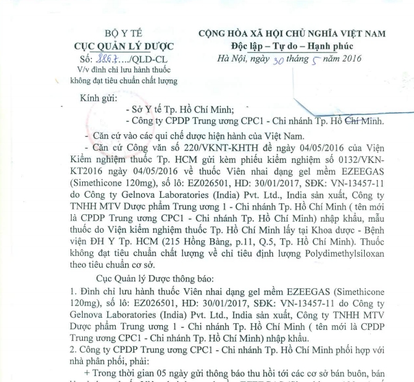 C&ocirc;ng văn của Cục Quản l&yacute; dược về việc đ&igrave;nh chỉ lưu h&agrave;nh&nbsp;&nbsp;thuốc vi&ecirc;n nhai dạng gel mềm EZEGAS.