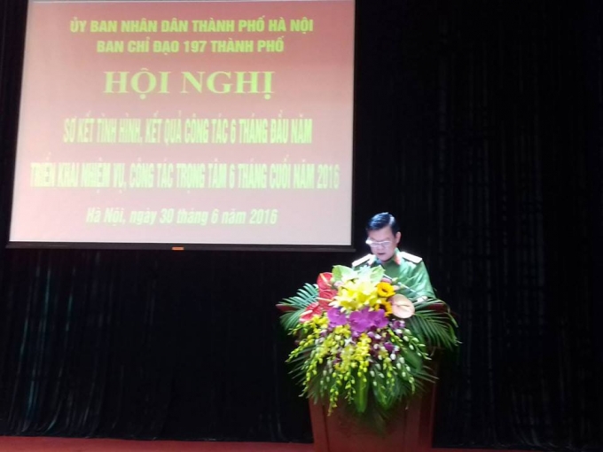 Đại t&aacute; Đ&agrave;o Thanh Hải - Ph&oacute; gi&aacute;m đốc C&ocirc;ng an TP H&agrave; Nội ph&aacute;t biểu tại Hội nghị.