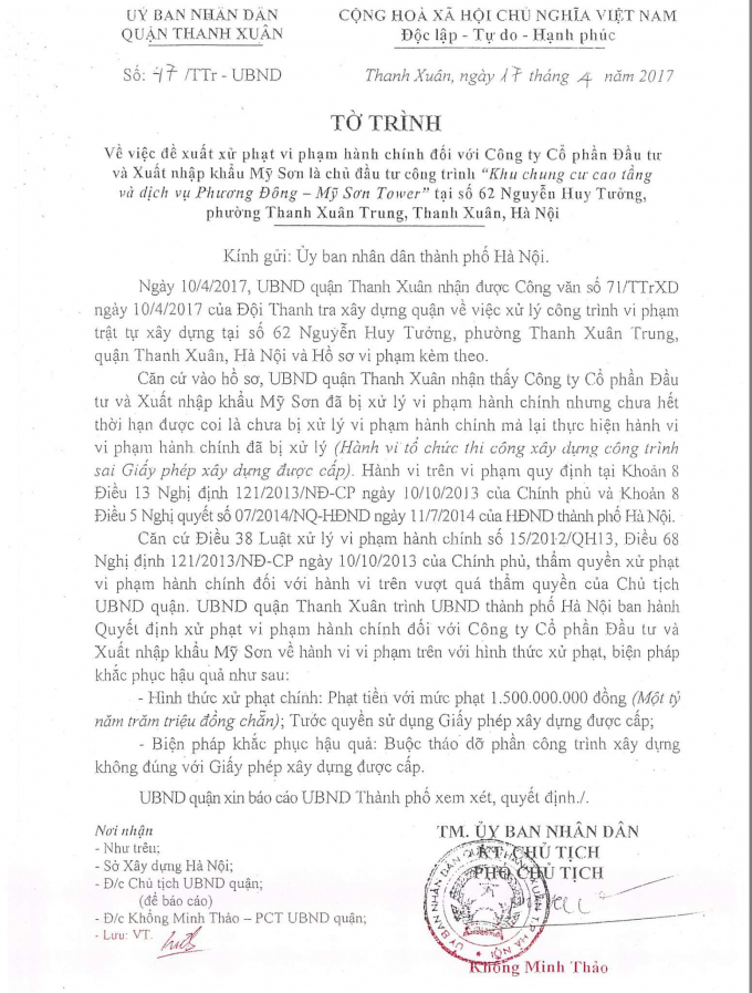 Tờ tr&igrave;nh&nbsp;số 47/TTr-UBND ng&agrave;y 17/4/2017 của UBND quận Thanh Xu&acirc;n gửi UBND TP H&agrave; Nội  Nguồn: thoidai.com.vn