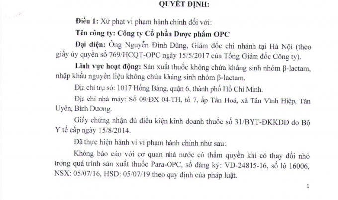 Quyết định xử phạt của Thanh tra Bộ Y tế đối với&nbsp;C&ocirc;ng ty CP Dược phẩm OPC.