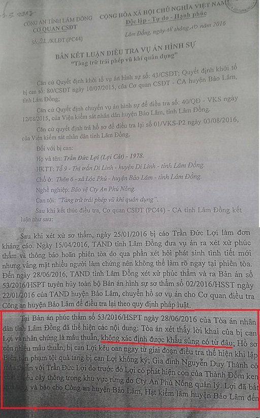 Bản kết luận điều vụ &aacute;n của C&ocirc;ng an tỉnh L&acirc;m Đồng.