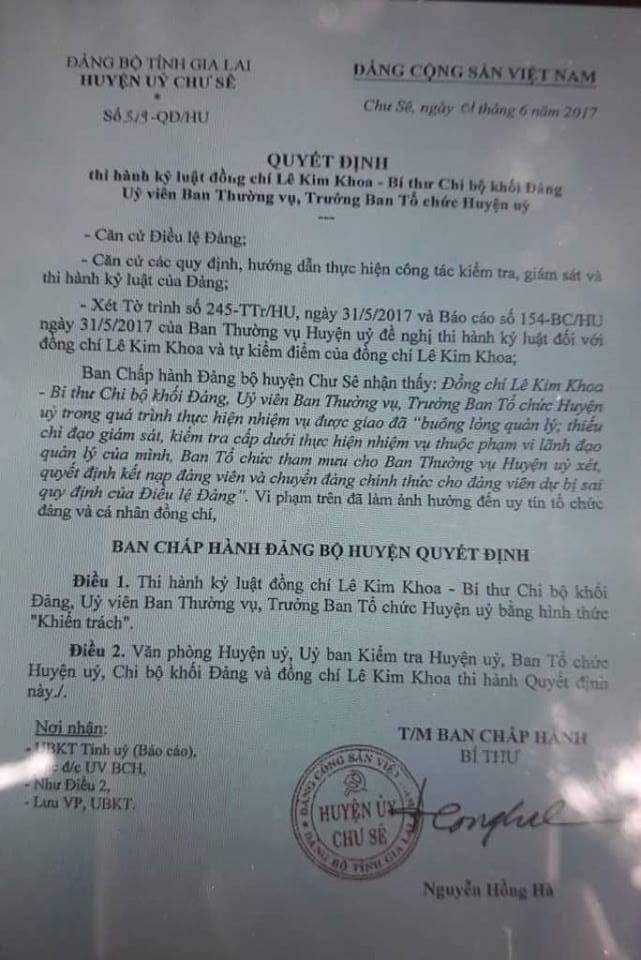 Quyết định của Huyện Uỷ huyện Chư S&ecirc; về việc kỷ luật &ocirc;ng L&ecirc; Kim Khoa- Trưởng Ban tổ Chức Huyện Uỷ