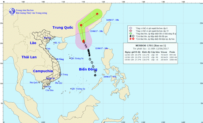 Dự b&aacute;o hướng đi của cơn b&atilde;o số 1. ẢNh: nchmf.gov.vn