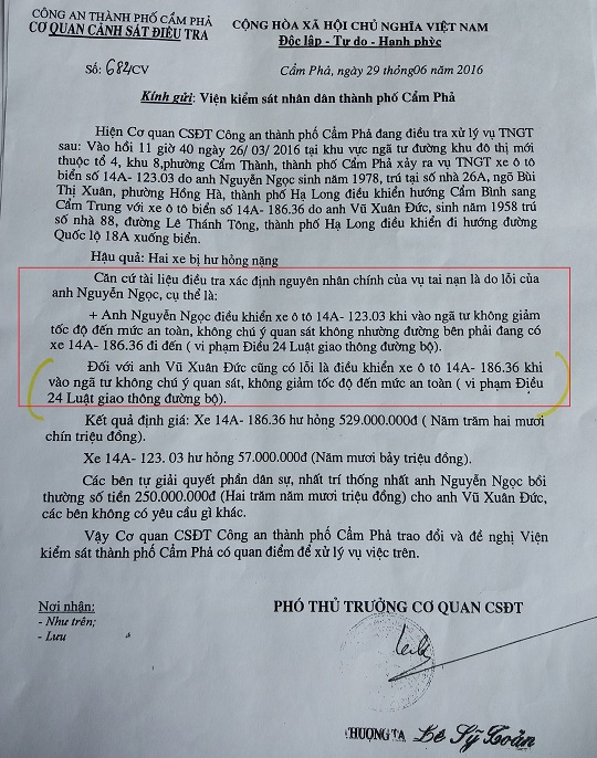 Văn bản của Cơ quan CSĐT C&ocirc;ng an TP Cẩm Phả trao đổi v&agrave; đề nghị VKSND c&ugrave;ng cấp c&oacute; quan điểm để xử l&yacute; vụ việc tr&ecirc;n.