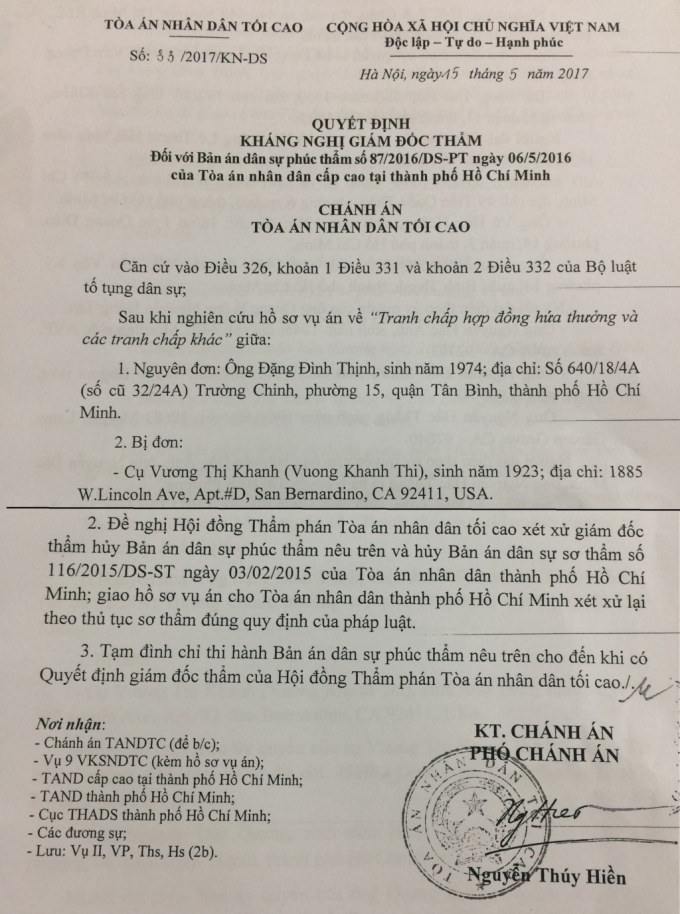 Quyết định kh&aacute;ng nghị gi&aacute;m đốc thẩm của T&ograve;a &aacute;n nh&acirc;n d&acirc;n tối cao.