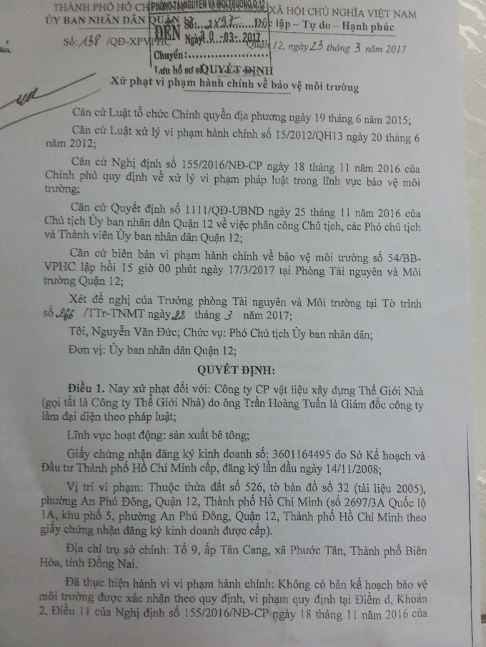 D&ugrave; bị xử phạt v&agrave; đ&igrave;nh chỉ hoạt động đối với C&ocirc;ng ty Thế Giới Nh&agrave; của UBND quận 10, nhưng trạm b&ecirc; t&ocirc;ng của doanh nghiệp n&agrave;y kh&ocirc;ng tu&acirc;n thủ?&nbsp;