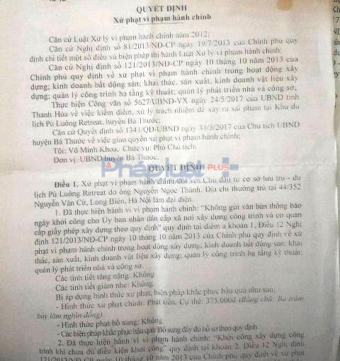 Quyết định xử phạt tr&ecirc;n 26,6 triệu đồng của UBND huyện B&aacute; Thước đối với P&ugrave; Lu&ocirc;ng Retreat.
