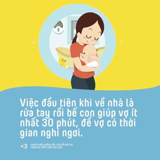 Việc đầu ti&ecirc;n khi về nh&agrave; l&agrave; rửa tay rồi bế con gi&uacute;p vợ &iacute;t nhất 30 ph&uacute;t, để vợ c&oacute; thời gian nghỉ ngơi.