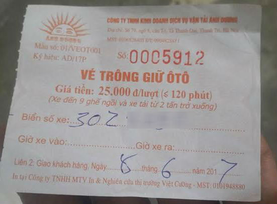 V&eacute; gửi xe tại b&atilde;i tr&ocirc;ng giữ xe tr&aacute;i ph&eacute;p ghi t&ecirc;n C&ocirc;ng ty &Aacute;nh Dương.