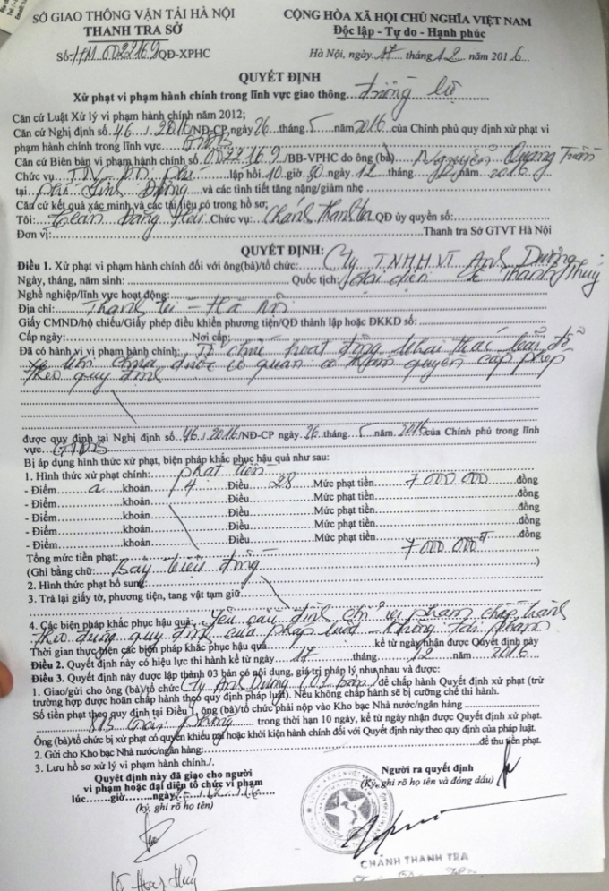 Quyết định xử phạt v&agrave; đ&igrave;nh chỉ hoạt động b&atilde;i tr&ocirc;ng giữ xe tr&aacute;i ph&eacute;p của C&ocirc;ng ty &Aacute;nh Dương