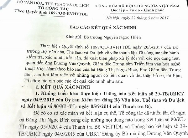 Kết quả kiểm tra, x&aacute;c minh của Tổ c&ocirc;ng t&aacute;c Bộ VH-TT-DL