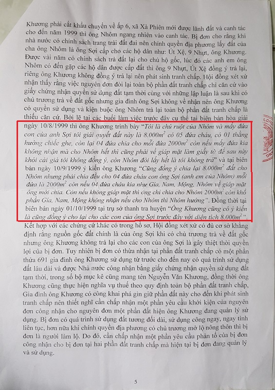 Bản &aacute;n sơ thẩm ghi nhận &yacute; kiến của &ocirc;ng Khương thừa nhận việc ngu&ocirc;n gốc đất l&agrave; của &ocirc;ng Sợi v&agrave; đồng &yacute; trả lại đất.