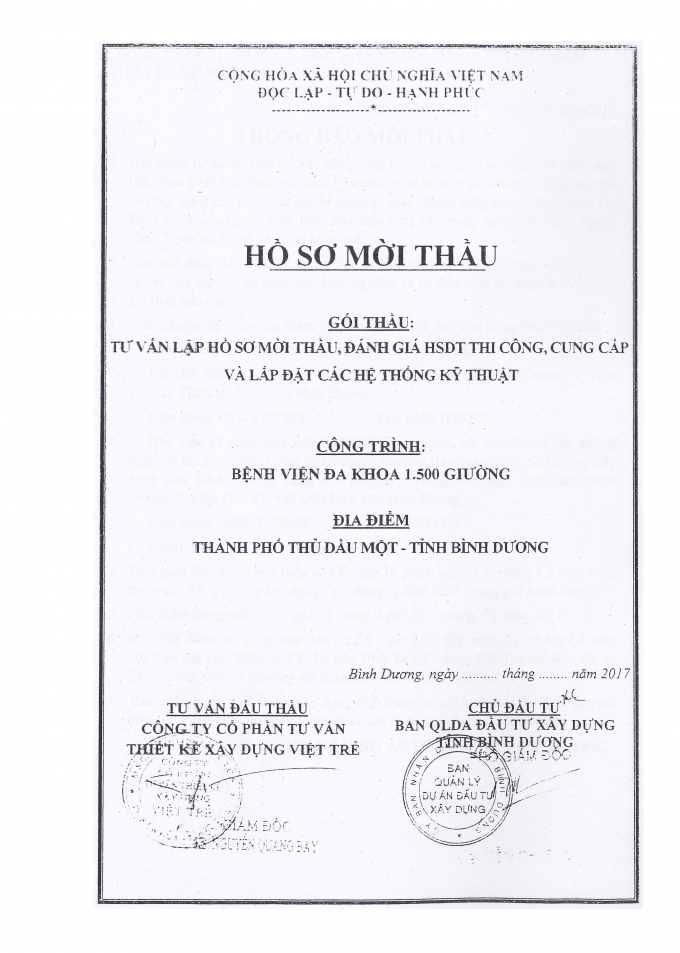 Hồ sơ mời thầu Dự &aacute;n Bệnh viện 1.500 giường do Ban quản l&yacute; dự &aacute;n đầu tư x&acirc;y dựng tỉnh B&igrave;nh Dương l&agrave;m chủ đầu tư.