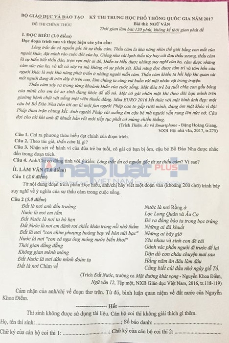 Đề thi m&ocirc;n Ngữ văn.